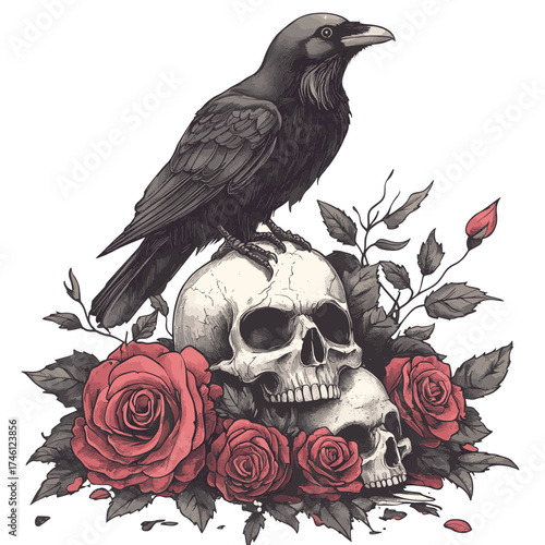 Black raven sits on the skulls
