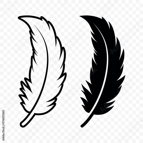 Vector Black and White Fluffy Feather Logo Icons. Silhouette Feather Set Closeup Isolated. Design Template of Flamingo, Angel, Bird Feather. Lightness and Freedom Concept