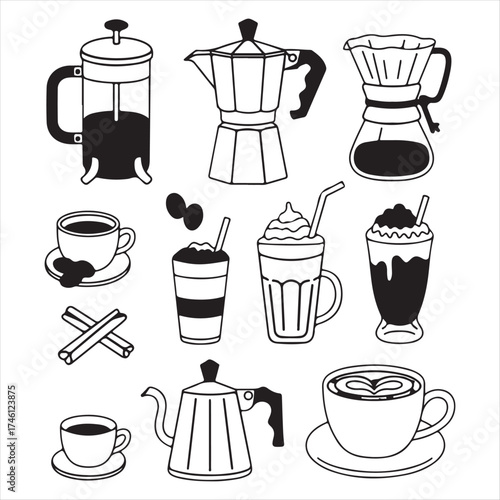 Black and white line art collection of coffee brewing equipment and drinks french press moka pot