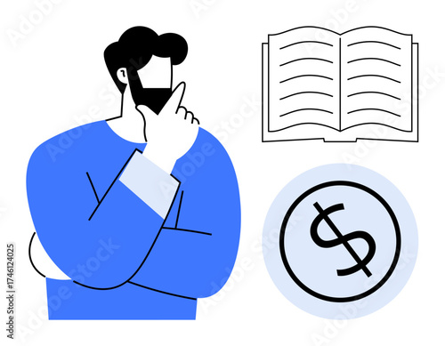 Man thinking with hand on chin beside an open book and dollar sign. Ideal for finance, learning, business planning, decision-making, education, problem-solving, strategy. Simple flat metaphor
