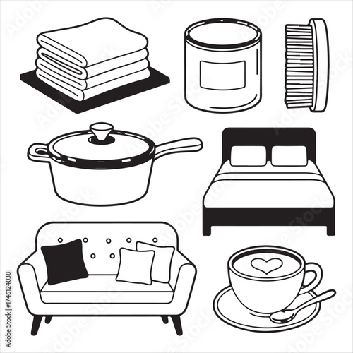 Stacked towels pot bed sofa cup of coffee and cleaning brush folded cloth