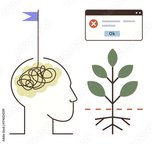Confused brain in head, browser window with error, growing plant with roots. Ideal for mental health, decision-making, technology, problem-solving, personal growth challenges and digital stress. A