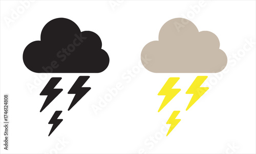 Set of Stormy Weather Cloud and Lightning Icons Black Glyph and Color Vector