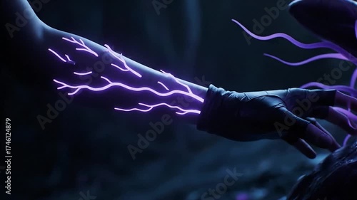 Close-up of a hand reaching towards glowing purple tendrils