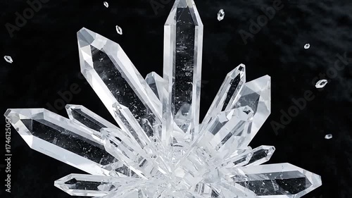 Close-up of clear quartz crystal cluster on dark background