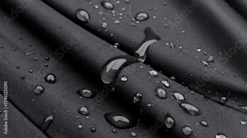 Water droplets on black fabric surface.
