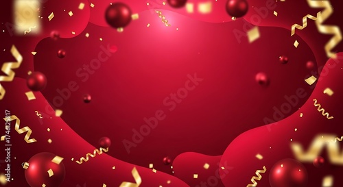 Elegant red background with golden confetti and ribbons for festive celebration and special occasion