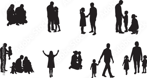 Black silhouette of adults interacting with children, parenting moments, emotional bonding, caregiver support, family connection, love, care, education, nurturing, relationship, unity