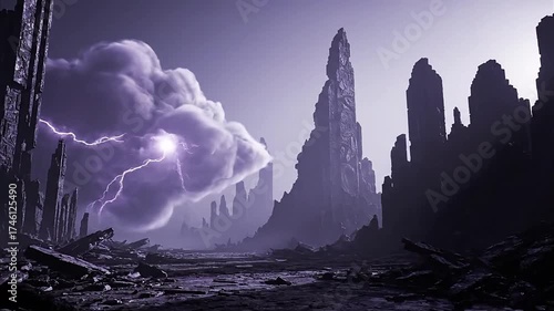 Dramatic alien landscape with lightning storm and jagged rock formations