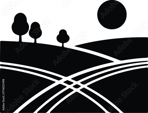 Illustrator Vector Agricultural field landscape with trees and sunset silhouette