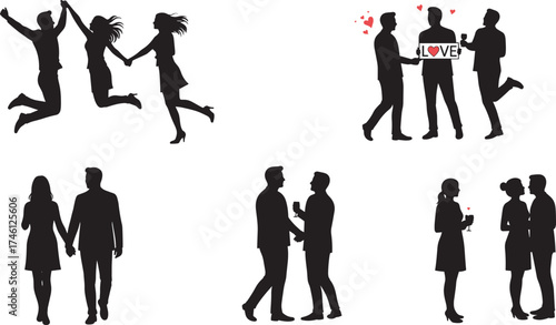 Black silhouette of couples in romantic poses, love, celebration, walking together, emotional connection, relationship, joy, affection, bonding, lifestyle, unity