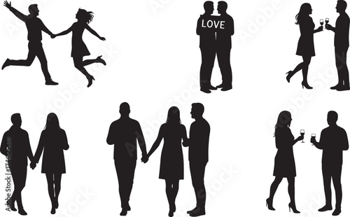 Black silhouette of couples in romantic poses, love, celebration, walking together, emotional connection, relationship, joy, affection, bonding, lifestyle, unity