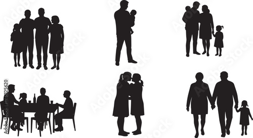 Black silhouette of families in various bonding scenes, parenting, love, care, emotional connection, togetherness, unity, support, lifestyle, relationship, interaction