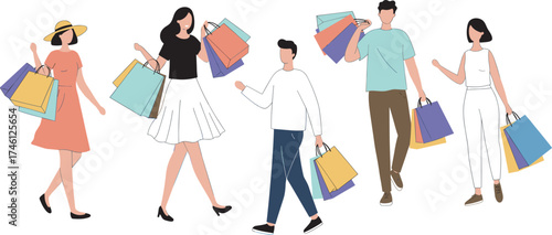 Group of diverse people walking with colorful shopping bags, casual fashion, retail lifestyle, consumer behavior, mall activity, urban trend, modern spending habits