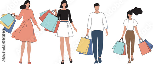 Group of diverse people walking with colorful shopping bags, casual fashion, retail lifestyle, consumer behavior, mall activity, urban trend, modern spending habits