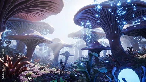 Enchanted forest with glowing mushrooms and magical particles