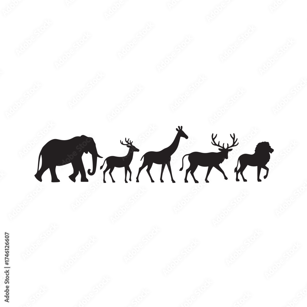 Obraz premium Black Silhouette Vector of Multiple Wild Animals Including Elephant, Giraffe, Zebra, Lion, and Deer Walking in Safari Lineup on White Background Full Ultra HD (20).eps