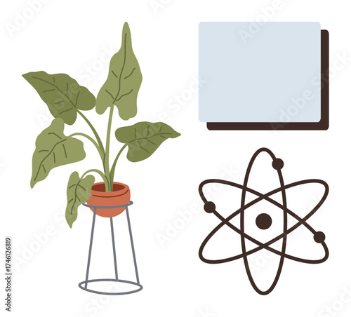 Potted plant with broad leaves on stand, atomic model symbolizing science, stacked documents for organization. Ideal for sustainability, education, growth, balance, research planning. A simple flat