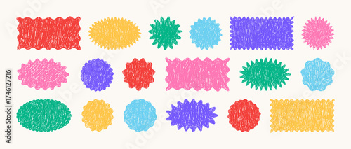 Crayon Zig zag Wavy Edge Rectangle, Oval, Circle Stickers Set. Vector Hand Drawn Chalk Jagged Geometric Shapes in Retro Style. Doodle Abstract Elements for Frame, Stamp, Template, Promo Design