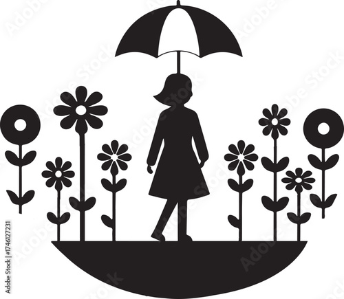 Whimsical girl with umbrella in a flower field