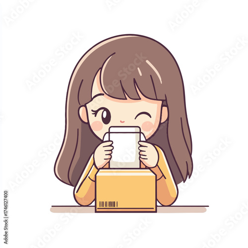  Cute cartoon girl unpacking a delivery box with a happy expression