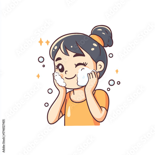 Cute cartoon girl washing her face with foam