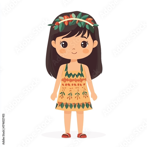 Cute cartoon girl wearing a floral crown and tribal dress.