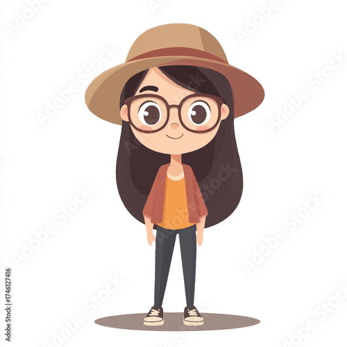  Cute cartoon girl wearing glasses and a hat.