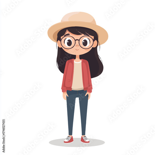 Cute Cartoon Girl with Glasses and Hat Standing.