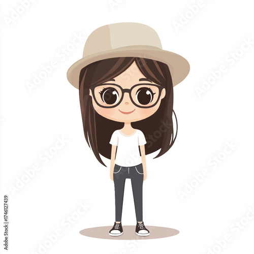 Cute Cartoon Girl with Hat and Glasses.