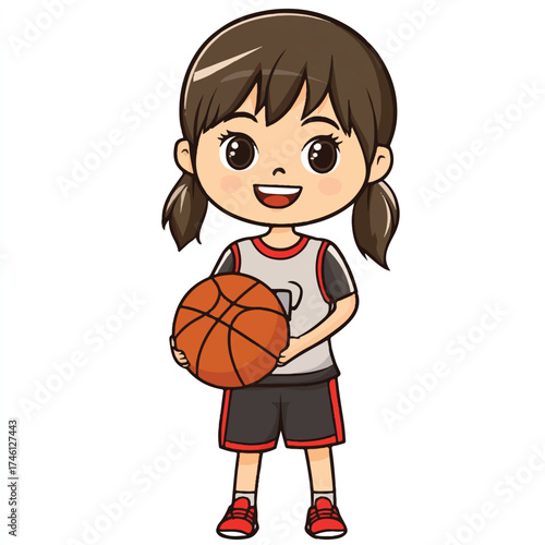 Cute cartoon girl with pigtails holding a basketball.