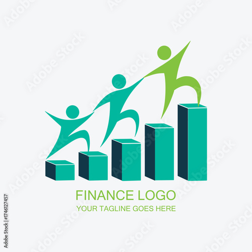 Finance Logo with People Climbing Growth Bars, Teamwork and Support Concept