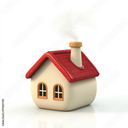 Cute cartoon house with red roof and chimney emitting smoke.