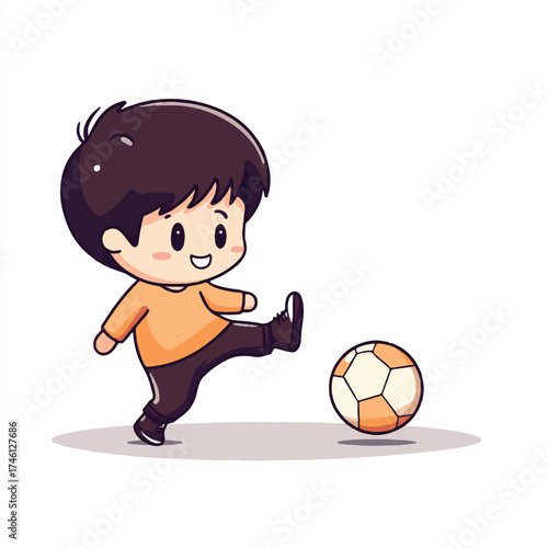 Cute chibi boy playing soccer with a happy expression.