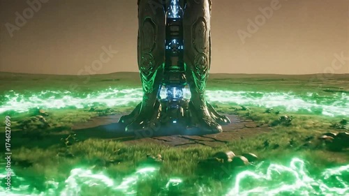 Sci-fi Monolith with Energy Field on Alien Landscape