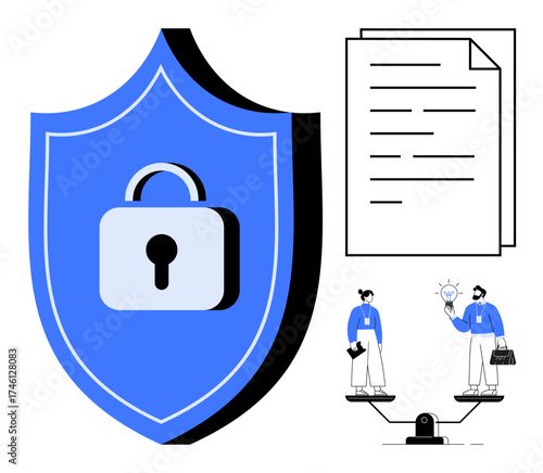 Shield with lock, legal document, and team balancing scales of innovation and regulation. Ideal for cybersecurity, data protection, legal compliance, business ethics, trust, innovation simple flat
