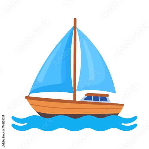 Cartoon sailboat with blue sails on wavy water.