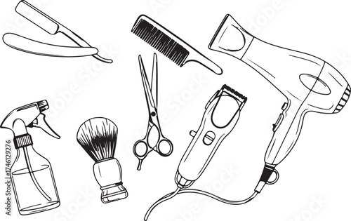 Barber tools including razor, brush, hair dryer, scissors, comb, and spray bottle are isolated