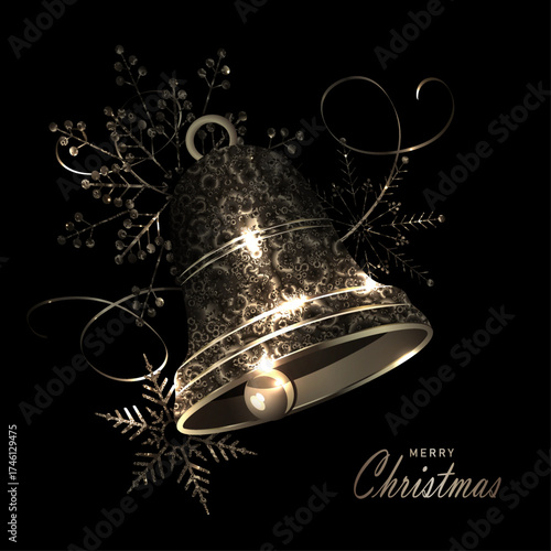 Merry Christmas. 2026. Isolated gold textured bell with snowflakes.