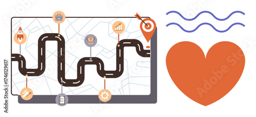 Winding road with checkpoints on map screen, red heart, and waves. Ideal for planning, progress, goals, navigation, success strategy personal growth. Simple flat metaphor