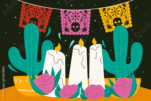 Night altar with tall candles, cacti, roses, and papel picado banners.