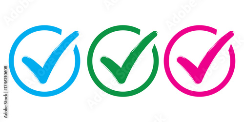 Colorful Check Mark Icon Collection — Vector Tick Symbols for Approval, Success, Confirmation, Validation, Completed Task, Business Interface, and Modern Graphic Design Illustration.