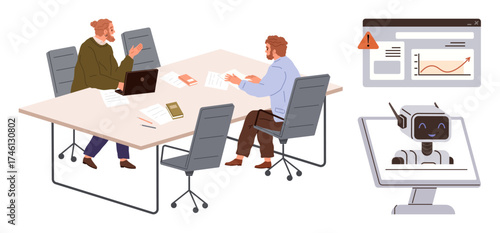 Two colleagues in discussion around a table with papers, laptop, and books nearby a robot display and analytics chart alert. Ideal for teamwork, innovation, tech integration, and problem-solving