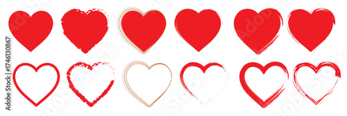 Red Heart Icons Collection — Filled and Outline Hand Drawn Love Symbols, Romantic and Valentine's Day Heart Set, Vector Illustration for Wedding or Greeting Card Design.