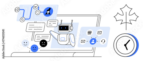 Chatbot interacting with users via a laptop, conveying emotions and actions. Ideal for technology, automation, customer service, productivity, communication, AI development and innovation. Simple