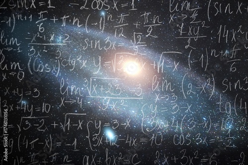Mathematical and physical abstract formulas and galaxy in universe.