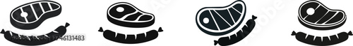 Four stylized cuts of meat, including steaks and sausages, depicted in a simple, graphic design.