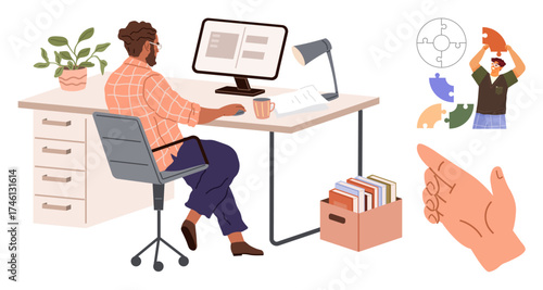 Office setup with man at desk, computer, files, plant, puzzle-solving teamwork visuals, and hand gesture. Ideal for teamwork, brainstorming, collaboration problem-solving business workflow