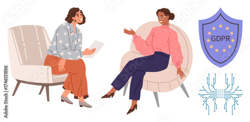 Women engaged in professional conversation on chairs, GDPR compliance shield, abstract circuit network. Ideal for data privacy, legal advice, IT consulting, teamwork, communication, technology