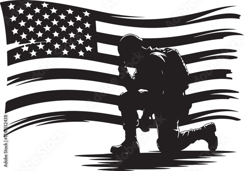 Soldier kneeling honoring flag, patriotism, remembrance